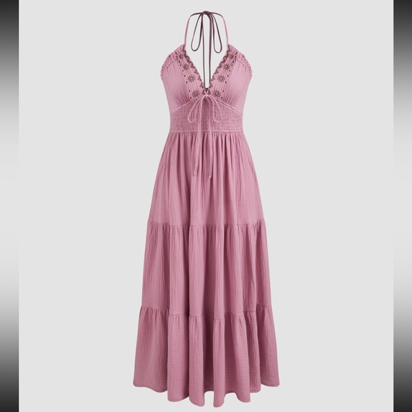 Cider Halter Knotted Shirred Ruffle Maxi Dress - Picture 7 of 10